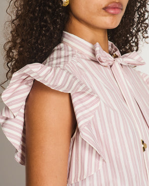 Louis Vuitton White and Burgundy Striped Monogram Printed Button Down Blouse Top with Gold Monogram Tie-Neck Detail Size FR 38 (UK 10)