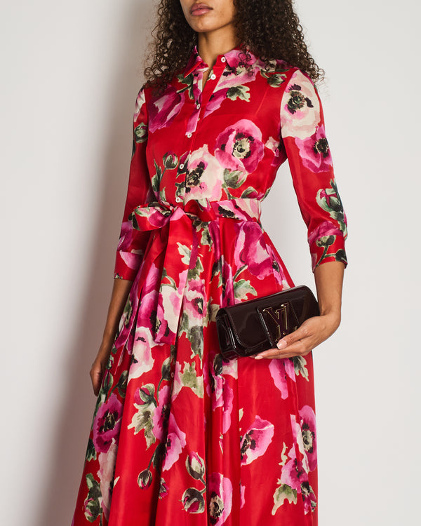 Carolina Herrera Red and Pink Floral Silk Organza Maxi Belted Dress Size US 4 (UK 8)