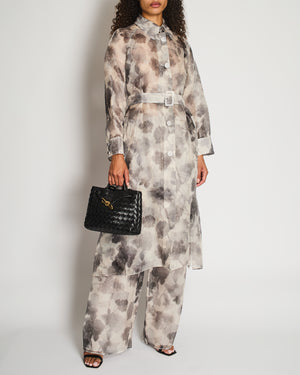 Fendi Grey and White Long Sleeve Perforated Maxi Coat and Trousers Set with Floral Printed Detail Size IT 42 (UK 10)