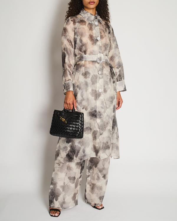 Fendi Grey and White Long Sleeve Perforated Maxi Coat and Trousers Set with Floral Printed Detail Size IT 42 (UK 10)