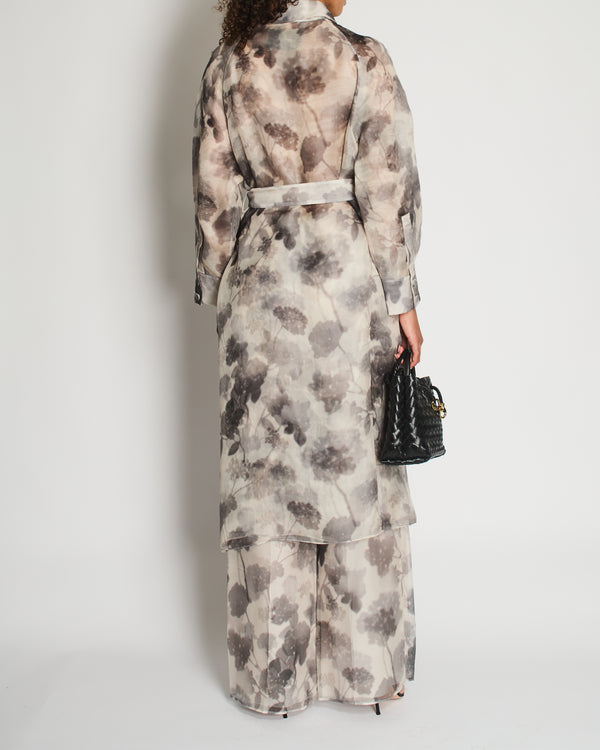 Fendi Grey and White Long Sleeve Perforated Maxi Coat and Trousers Set with Floral Printed Detail Size IT 42 (UK 10)