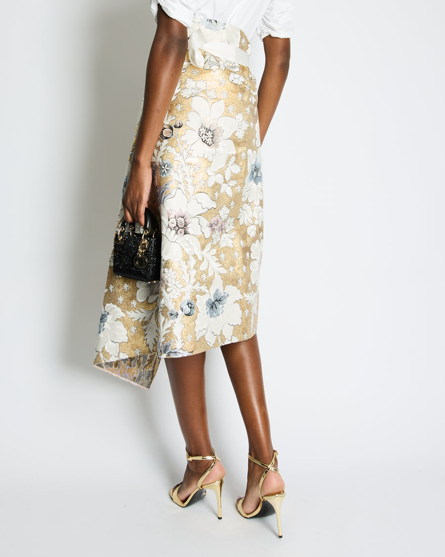 Fendi Gold and White Midi Wraparound Embroidered Skirt with Floral Details Size IT 40 (UK 8)