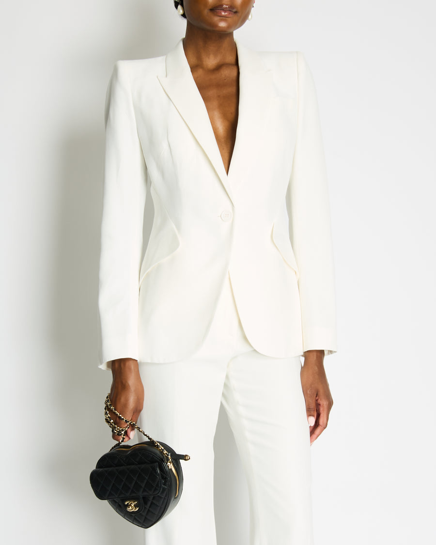 Alexander McQueen White Blazer Jacket and Matching Trousers Set with White Button Details Size IT 42/44 (UK 10/12)
