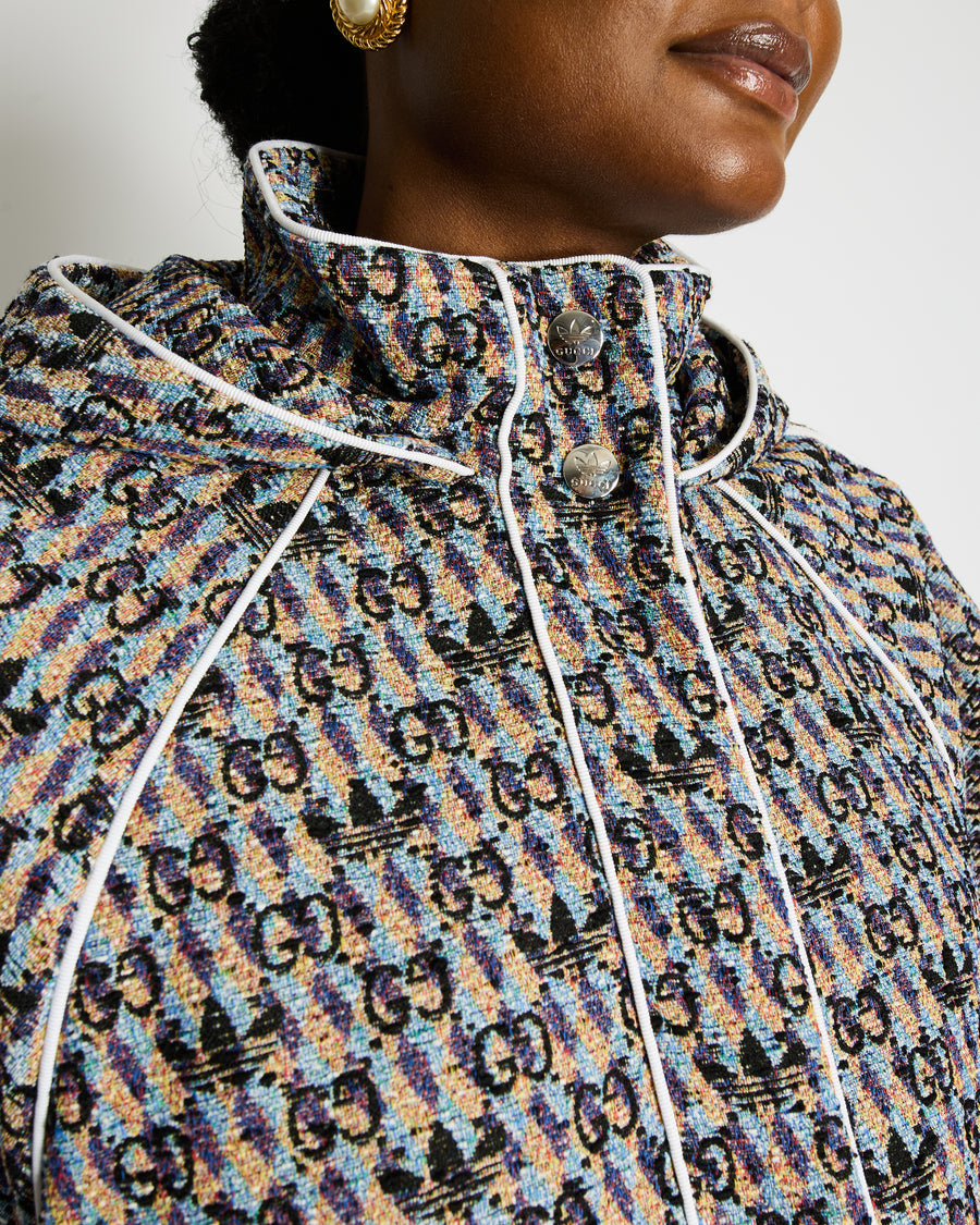 Gucci X Adidas Purple and Yellow Cropped Short Sleeve Hooded Jacket with GG Prints Size IT 42 (UK 10)