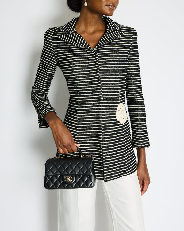 Chanel 01C White and Black Striped Jacket with White Camelia Detail Size FR 38 (UK 10)