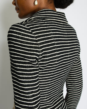 Chanel 01C White and Black Striped Jacket with White Camelia Detail Size FR 38 (UK 10)