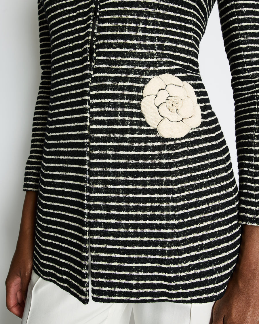 Chanel 01C White and Black Striped Jacket with White Camelia Detail Size FR 38 (UK 10)