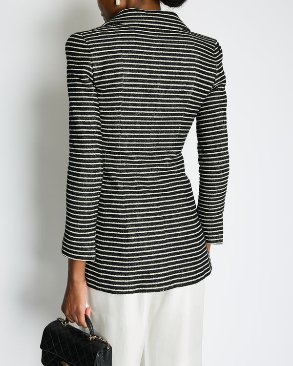 Chanel 01C White and Black Striped Jacket with White Camelia Detail Size FR 38 (UK 10)