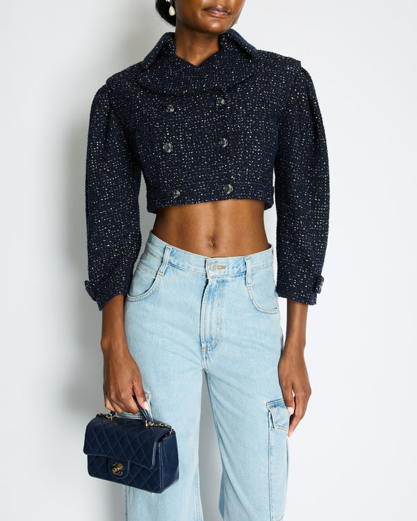 *HOT* Chanel 2025 Métiers d'Art Runway Navy Tweed Cropped Jacket with Crystal Embellished Button Details Size FR 34 (UK 6) RRP £6,250