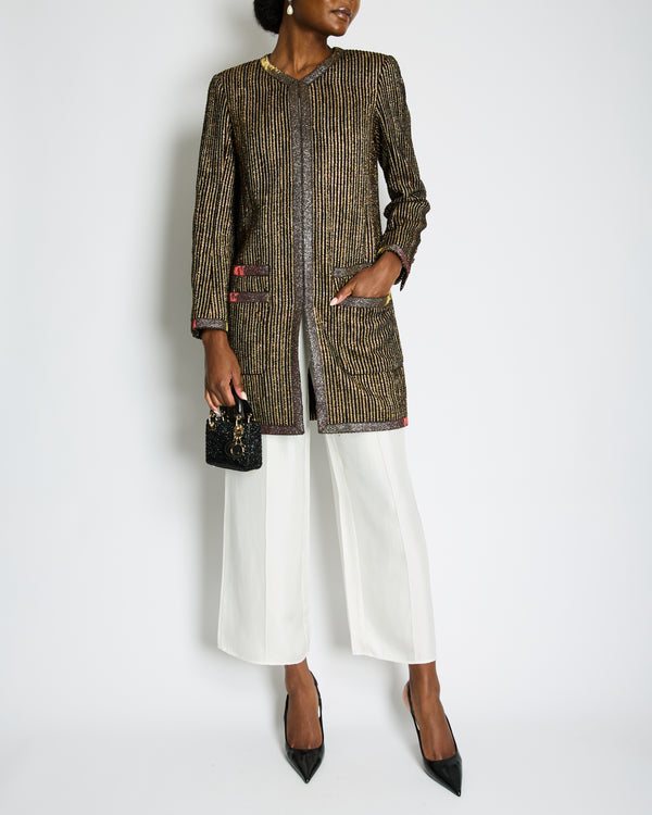 Chanel 10C Cruise Black, Red and Gold Tweed Longline Jacket with Metallic Trim Detail FR 40 (UK 12) RRP £2460