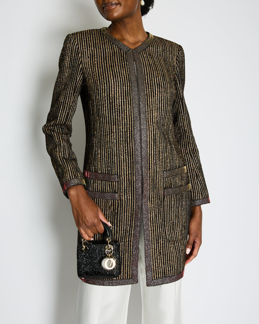 Chanel 10C Cruise Black, Red and Gold Tweed Longline Jacket with Metallic Trim Detail FR 40 (UK 12) RRP £2460