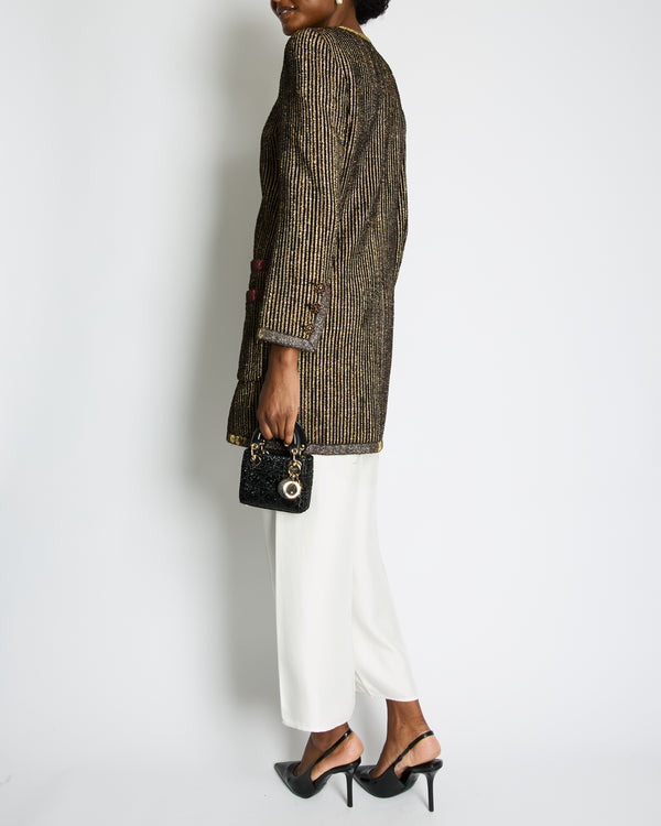 Chanel 10C Cruise Black, Red and Gold Tweed Longline Jacket with Metallic Trim Detail FR 40 (UK 12) RRP £2460