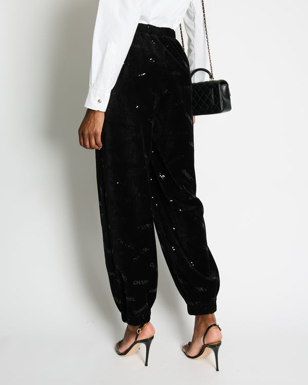 Chanel 22B Black Velvet Jogging Pants with Sequin Chanel Logo Detail Size FR 42 (UK 14)