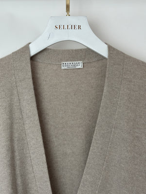 Brunello Cucinelli Taupe, White, and Grey Colour Block Cashmere Cardigan with Monili Trim Detail Size XL (UK 14)