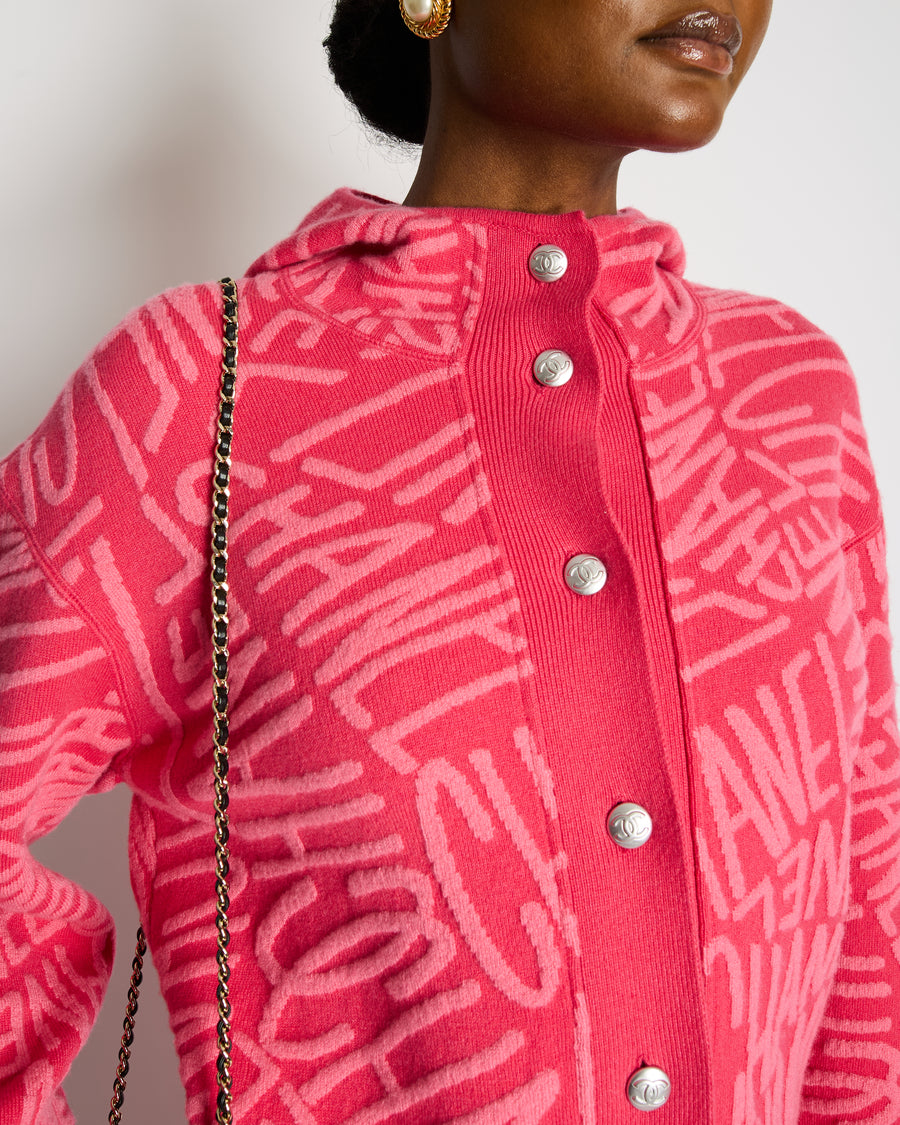 Chanel 21N Hot Pink Cashmere Button Down Long Sleeve Jumper with Hood and Logo Details Size FR 40 (UK 12) £3,425