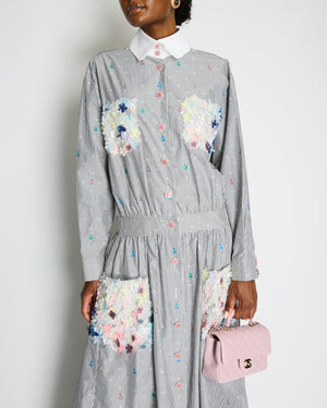 Chanel 23/C Black and White Stripe Long Sleeve Dress with Floral Embellished Pockets and CC buttons Size FR 46 (UK 18) RRP £12,200