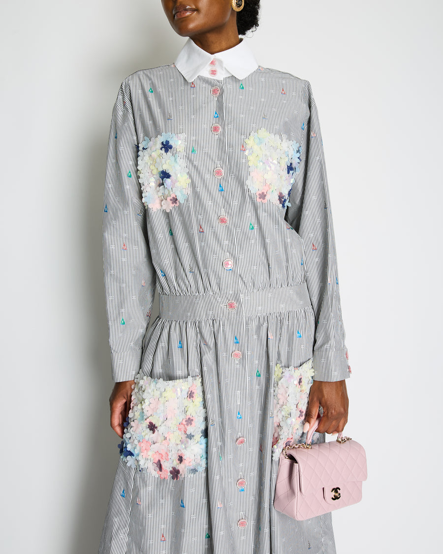 Chanel 23/C Black and White Stripe Long Sleeve Dress with Floral Embellished Pockets and CC buttons Size FR 46 (UK 18) RRP £12,200