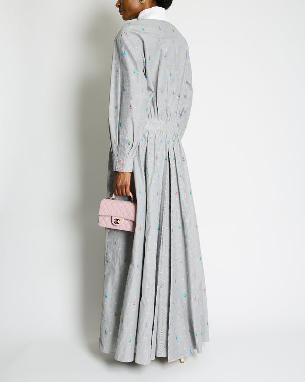 Chanel 23/C Black and White Stripe Long Sleeve Dress with Floral Embellished Pockets and CC buttons Size FR 46 (UK 18) RRP £12,200