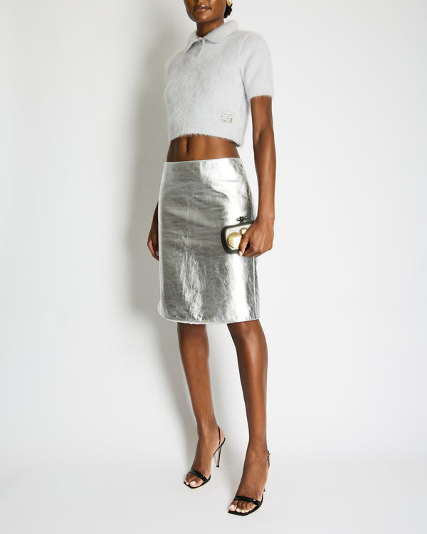 Gucci Lilac Mohair Polo Jumper with Crystal Logo and Metallic Silver Skirt Size IT 40 (UK 8)
