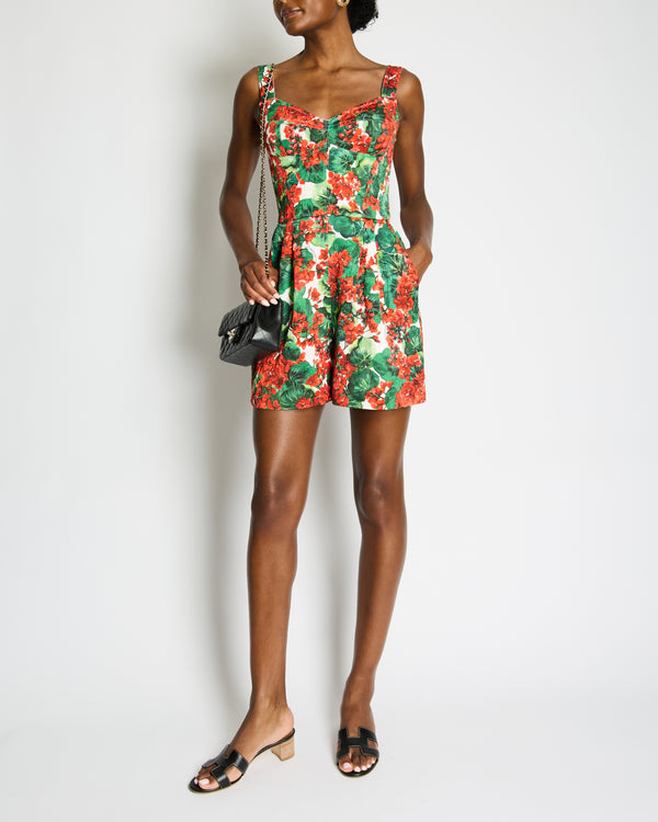 Dolce & Gabbana Green, White Red Geranium Floral Print Playsuit Size IT 40 (UK 8)