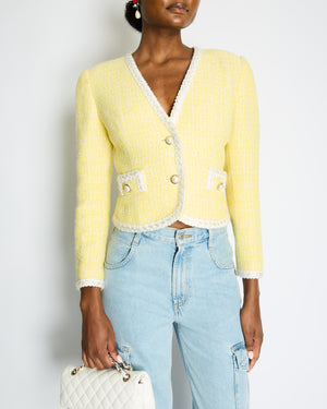 Alessandra Rich Yellow, White Sequin Tweed Jacket with Pearl Button Details Size IT 42 (UK 10)
