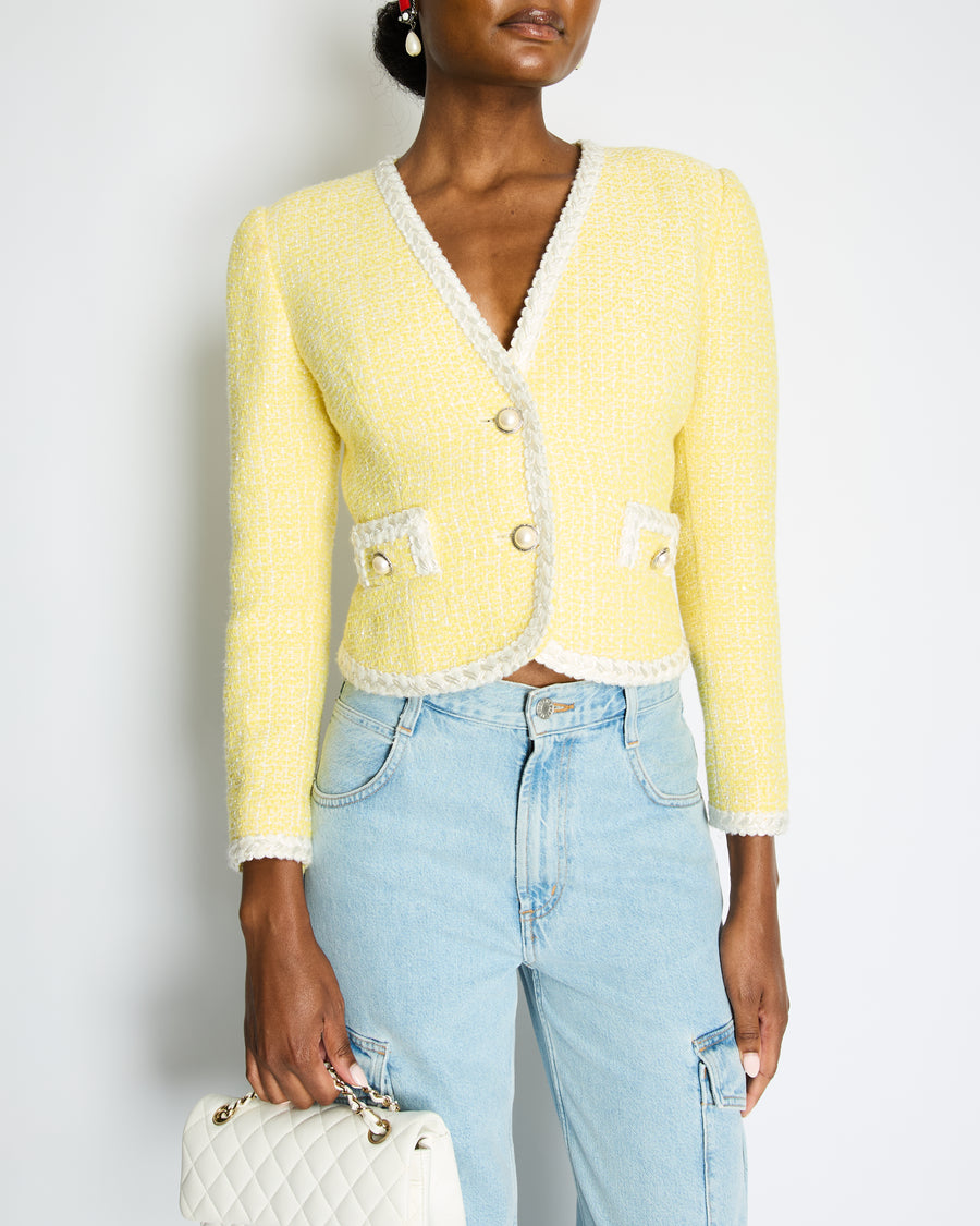Alessandra Rich Yellow, White Sequin Tweed Jacket with Pearl Button Details Size IT 42 (UK 10)