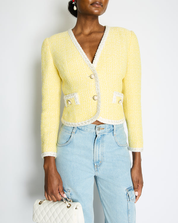 Alessandra Rich Yellow, White Sequin Tweed Jacket with Pearl Button Details Size IT 42 (UK 10)