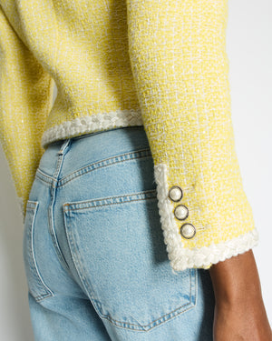 Alessandra Rich Yellow, White Sequin Tweed Jacket with Pearl Button Details Size IT 42 (UK 10)