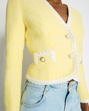 Alessandra Rich Yellow, White Sequin Tweed Jacket with Pearl Button Details Size IT 42 (UK 10)