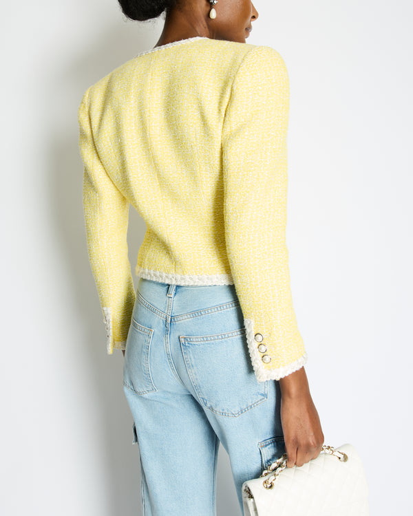 Alessandra Rich Yellow, White Sequin Tweed Jacket with Pearl Button Details Size IT 42 (UK 10)