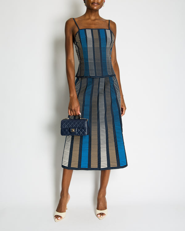 Loro Piana Navy, Blue Cream Printed Two-Piece Top and Midi Skirt Set Size IT 40 (UK 8)