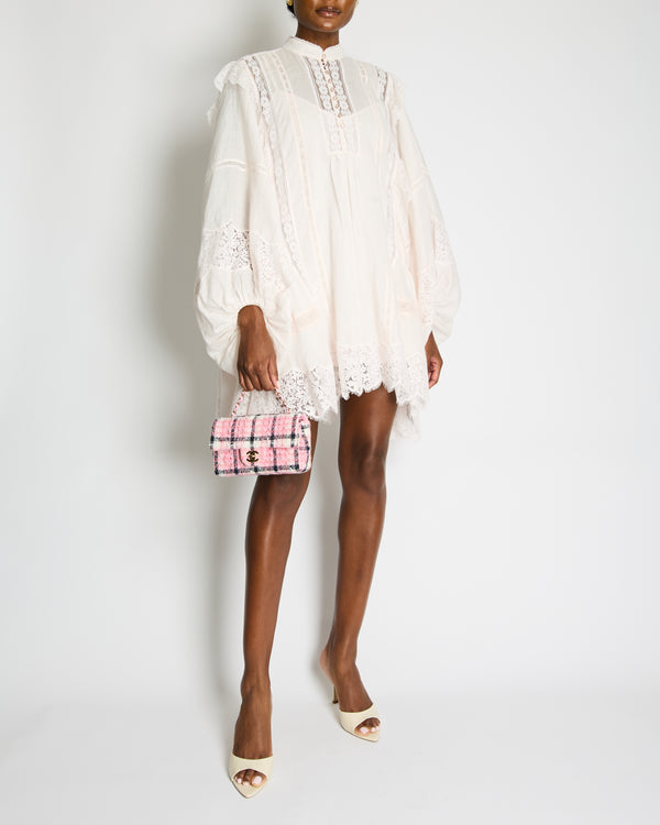 Zimmermann Baby Pink Belted Balloon Sleeve Mini Dress with Lace Panels and Crystal Button Detail Size 0 (UK 8)