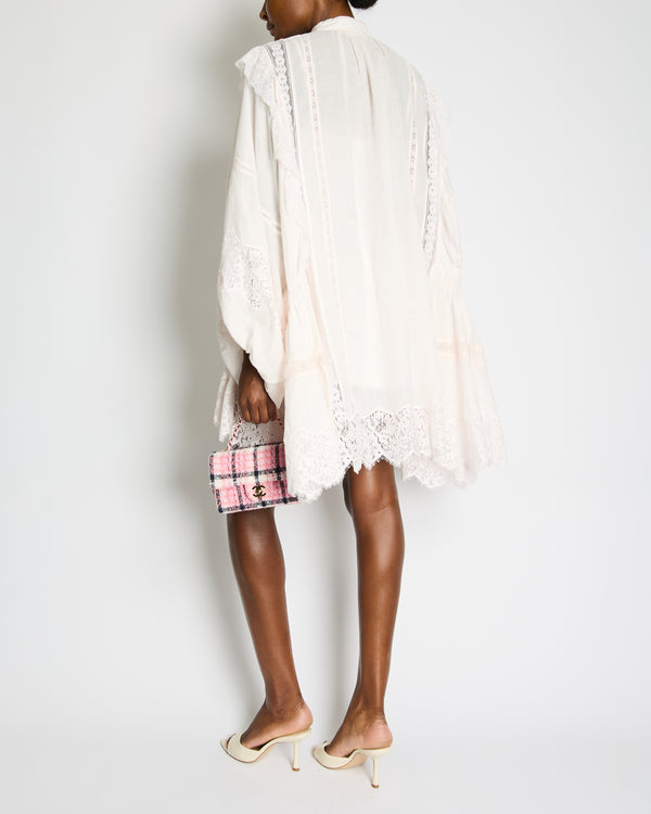 Zimmermann Baby Pink Belted Balloon Sleeve Mini Dress with Lace Panels and Crystal Button Detail Size 0 (UK 8)