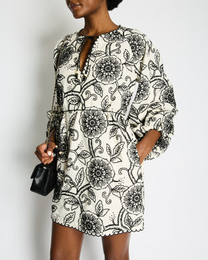 Zimmermann White and Black Floral Embroidered Long Sleeve Linen Mini Dress Size 0 (UK 8)