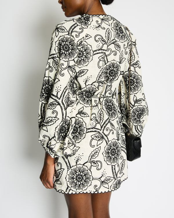 Zimmermann White and Black Floral Embroidered Long Sleeve Linen Mini Dress Size 0 (UK 8)