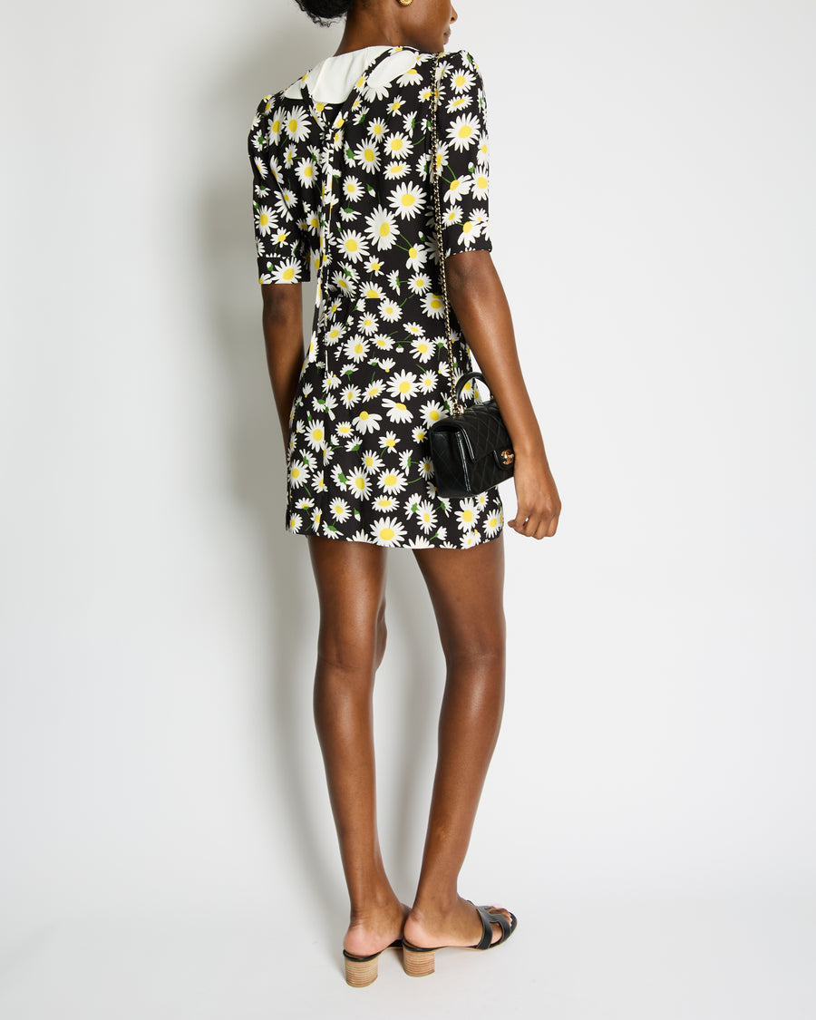 Saint Laurent SS20 Black, Daisy Print Mini Dress with Petal Collar Detail Size FR 36 (UK 8) RRP £1,600