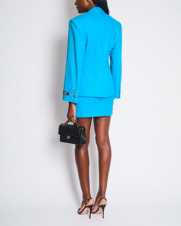 Versace x Dua Lipa Bright Blue La Vacanza 2023 Logo Printed Blazer Jacket and Mini Skirt Set Size IT 36 (UK 4) RRP £3,000