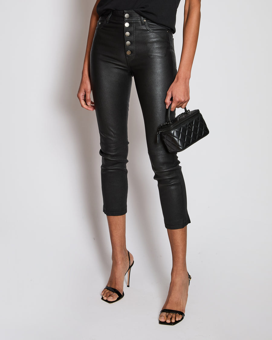 Joseph Black Stretch Leather Slim Trousers with Ruthenium Buttons Size FR 32 (UK 4)