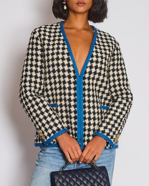 Gucci Black & White Houndstooth Wool Jacket with Electric Blue Thread Detail Size IT 36 (UK 4)