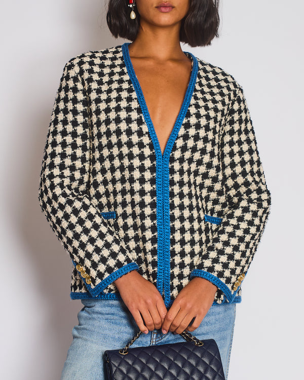 Gucci Black & White Houndstooth Wool Jacket with Electric Blue Thread Detail Size IT 36 (UK 4)