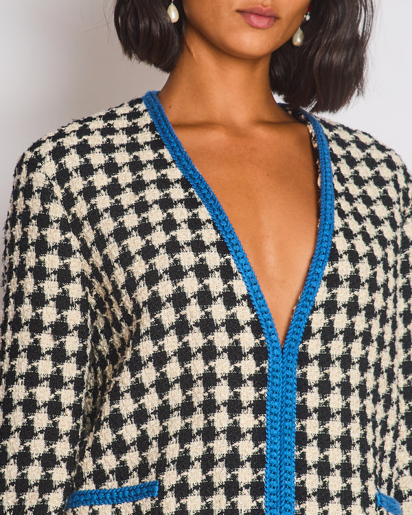 Gucci Black & White Houndstooth Wool Jacket with Electric Blue Thread Detail Size IT 36 (UK 4)