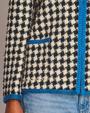 Gucci Black & White Houndstooth Wool Jacket with Electric Blue Thread Detail Size IT 36 (UK 4)
