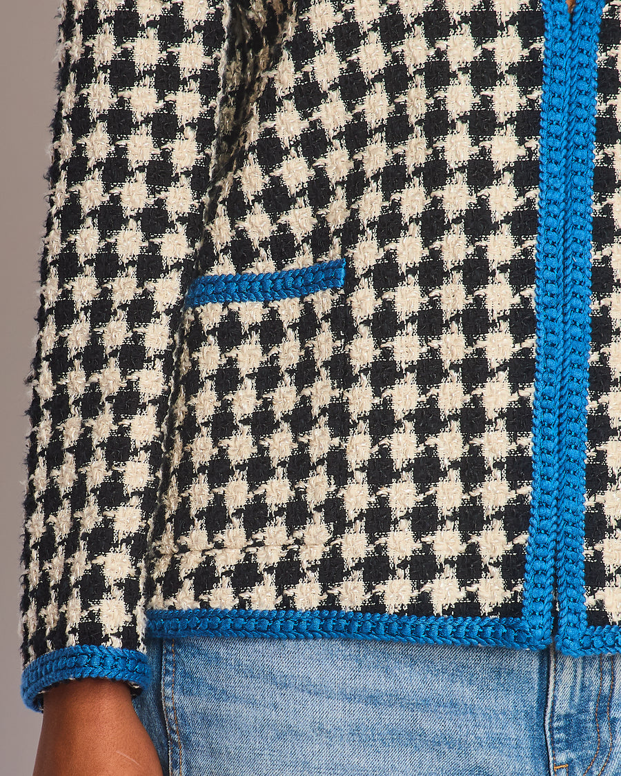 Gucci Black & White Houndstooth Wool Jacket with Electric Blue Thread Detail Size IT 36 (UK 4)