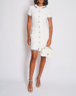 *HOT* Chanel 20S White Tweed Short-Sleeve Mini Dress with Silver Buttons and Embellishments Details FR 42 (UK 14) RRP £5,250