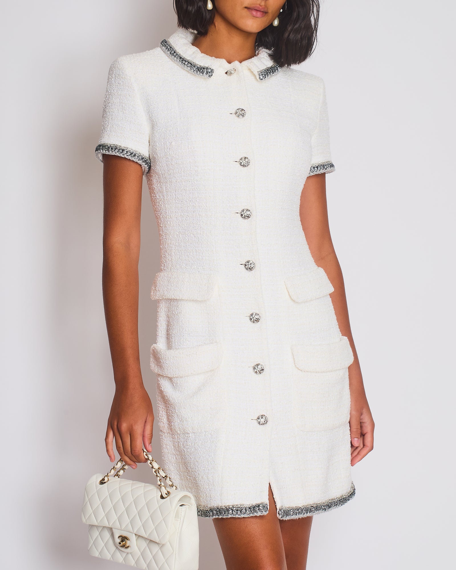 *HOT* Chanel 20S White Tweed Short-Sleeve Mini Dress with Silver Buttons and Embellishments Details FR 38 (UK 10) RRP £5,250