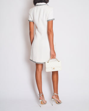 *HOT* Chanel 20S White Tweed Short-Sleeve Mini Dress with Silver Buttons and Embellishments Details FR 42 (UK 14) RRP £5,250