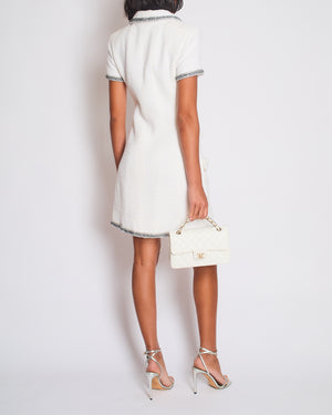 *HOT* Chanel 20S White Tweed Short-Sleeve Mini Dress with Silver Buttons and Embellishments Details FR 38 (UK 10) RRP £5,250