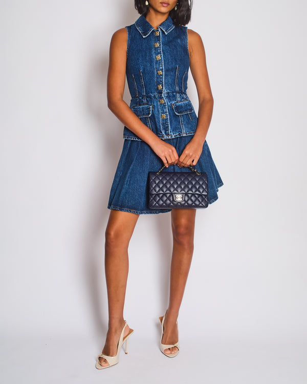 Self-Portrait Denim Gilet & Pleated Skirt Set with Multicolour Buttons Detail Size (UK 6)