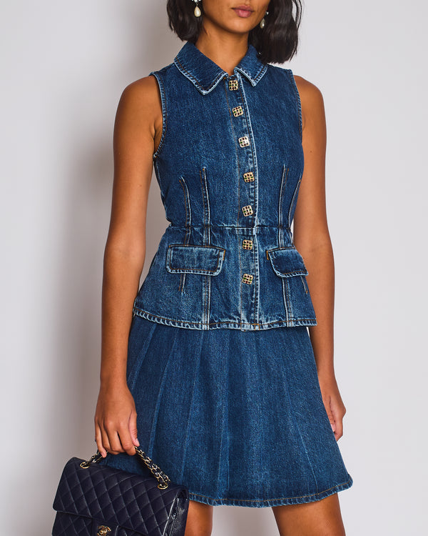 Self-Portrait Denim Gilet & Pleated Skirt Set with Multicolour Buttons Detail Size (UK 6)