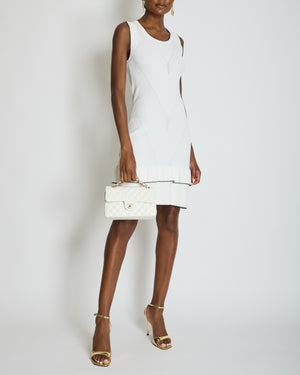 Chanel 08P Cream Sleeveless Knitted Short Dress with Silver CC Logo Button and Navy Hem Details Size FR 36 (UK 8)